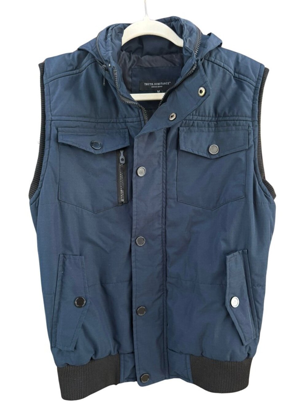 Truth Substance Common Sense Navy Hooded Utility Vest Men’s M